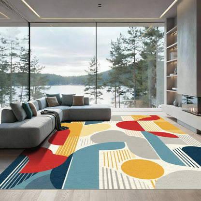 Abstract Geometric Forms Mustard Blue Red Rug