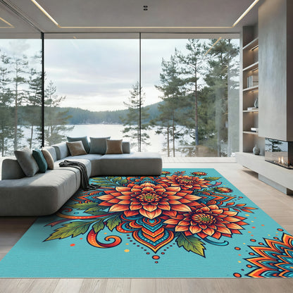 Vibrant Orange Floral Mandala Composition Rug
