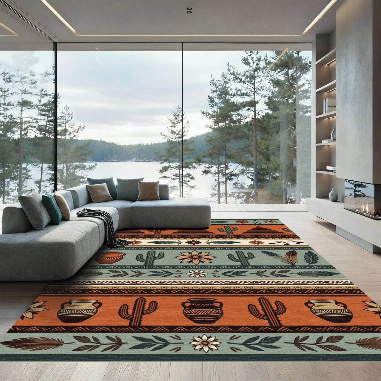 Southwestern Earthy Cactus Terracotta Striped Rug