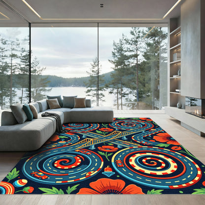 Vibrant Poppy Flower Spiraling Roadscape Rug