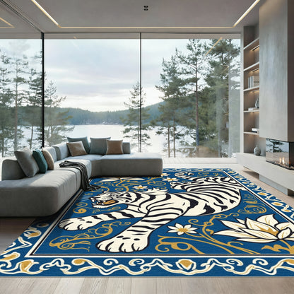 Bold Blue Tiger Lotus Scroll Rug
