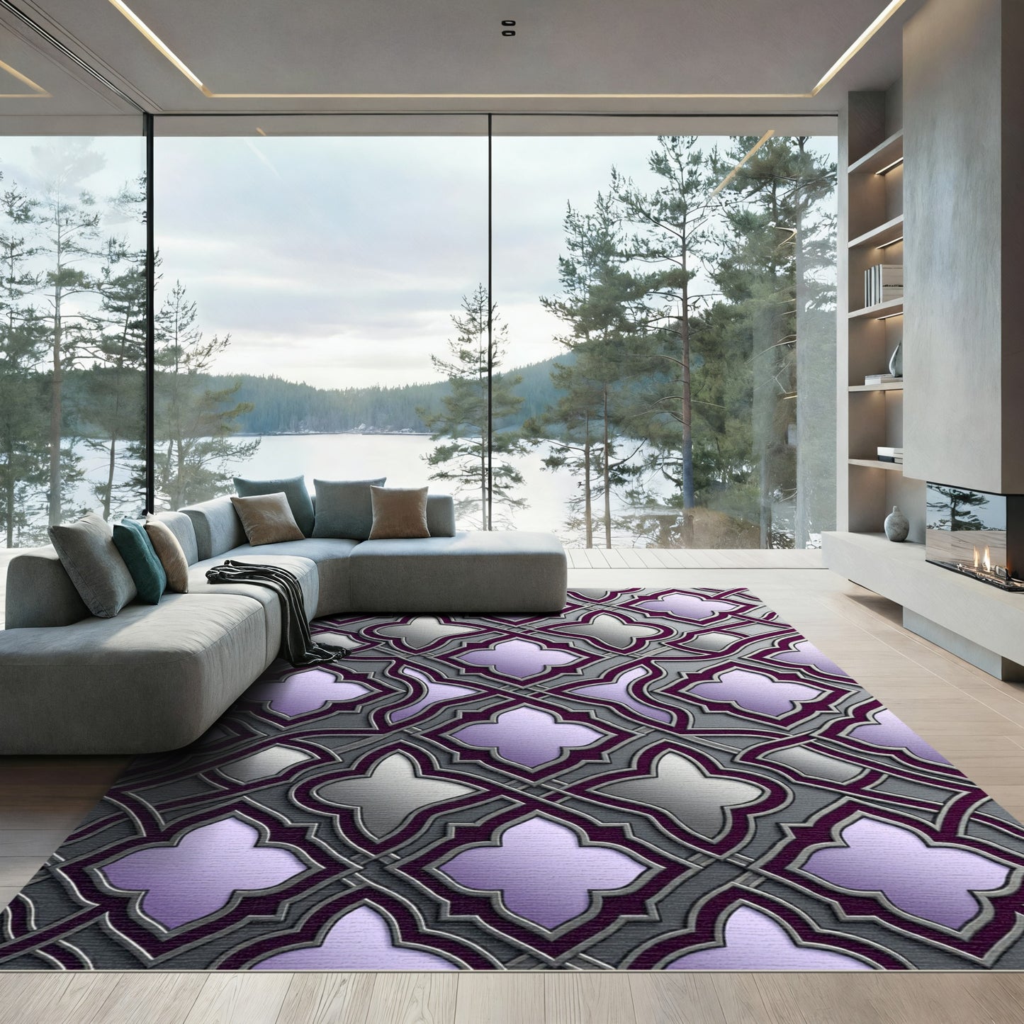 Metallic Silver and Plum Ornate Trellis Rug