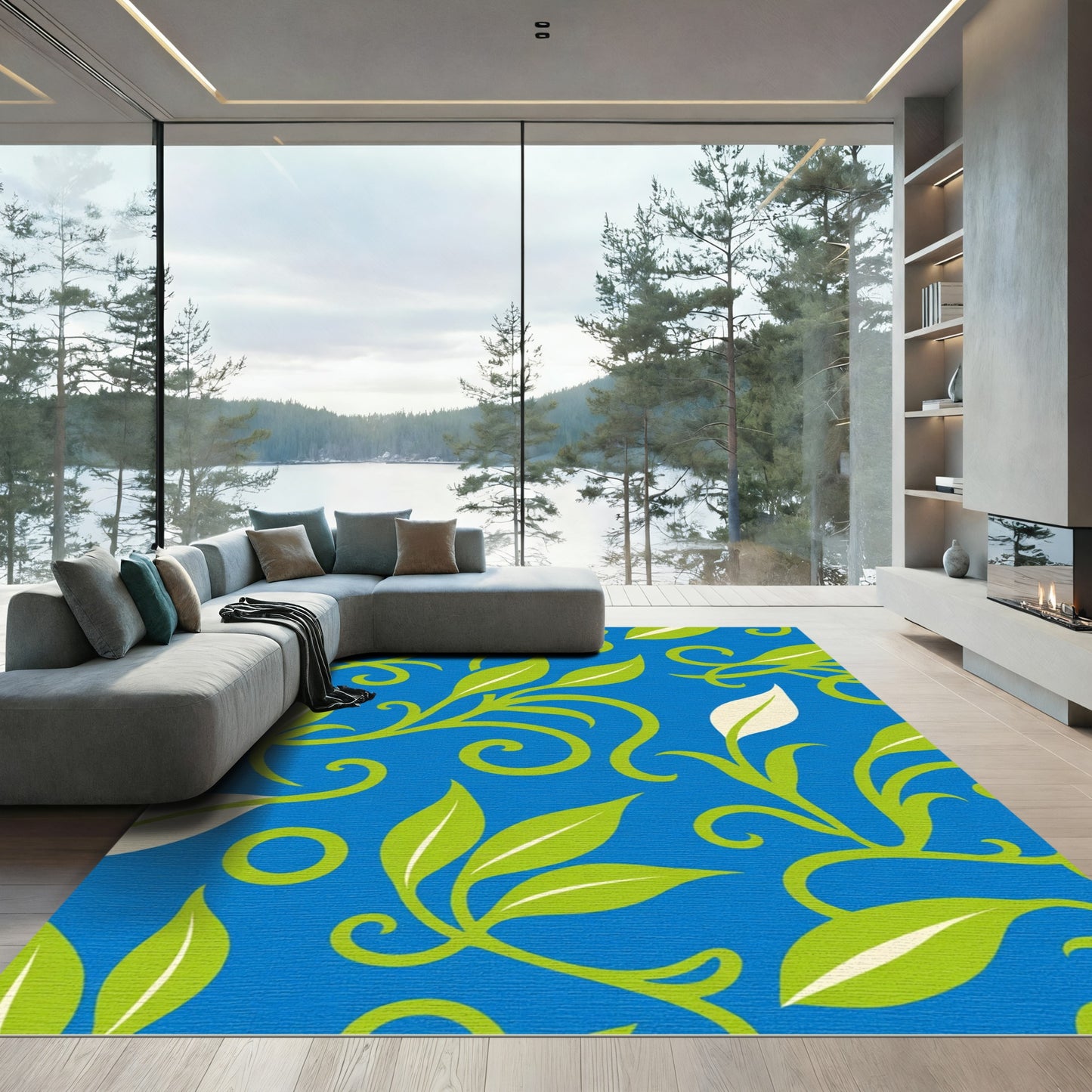 Blue Green Leaf Swirl Branch Rug