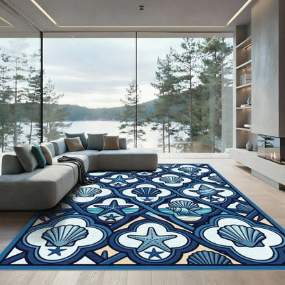 Coastal Navy Blue Seashell Starfish Tile Rug