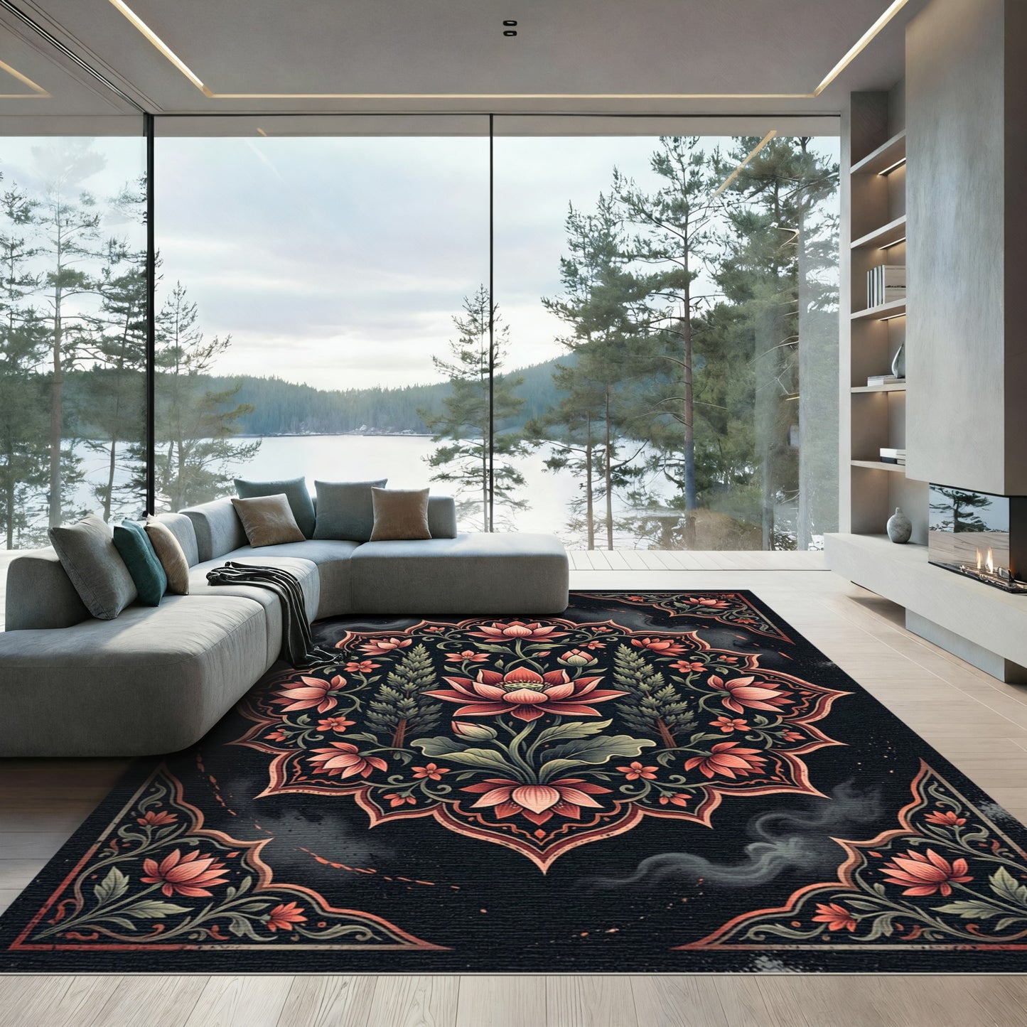 Elegant Lotus Medallion Floral Art Rug