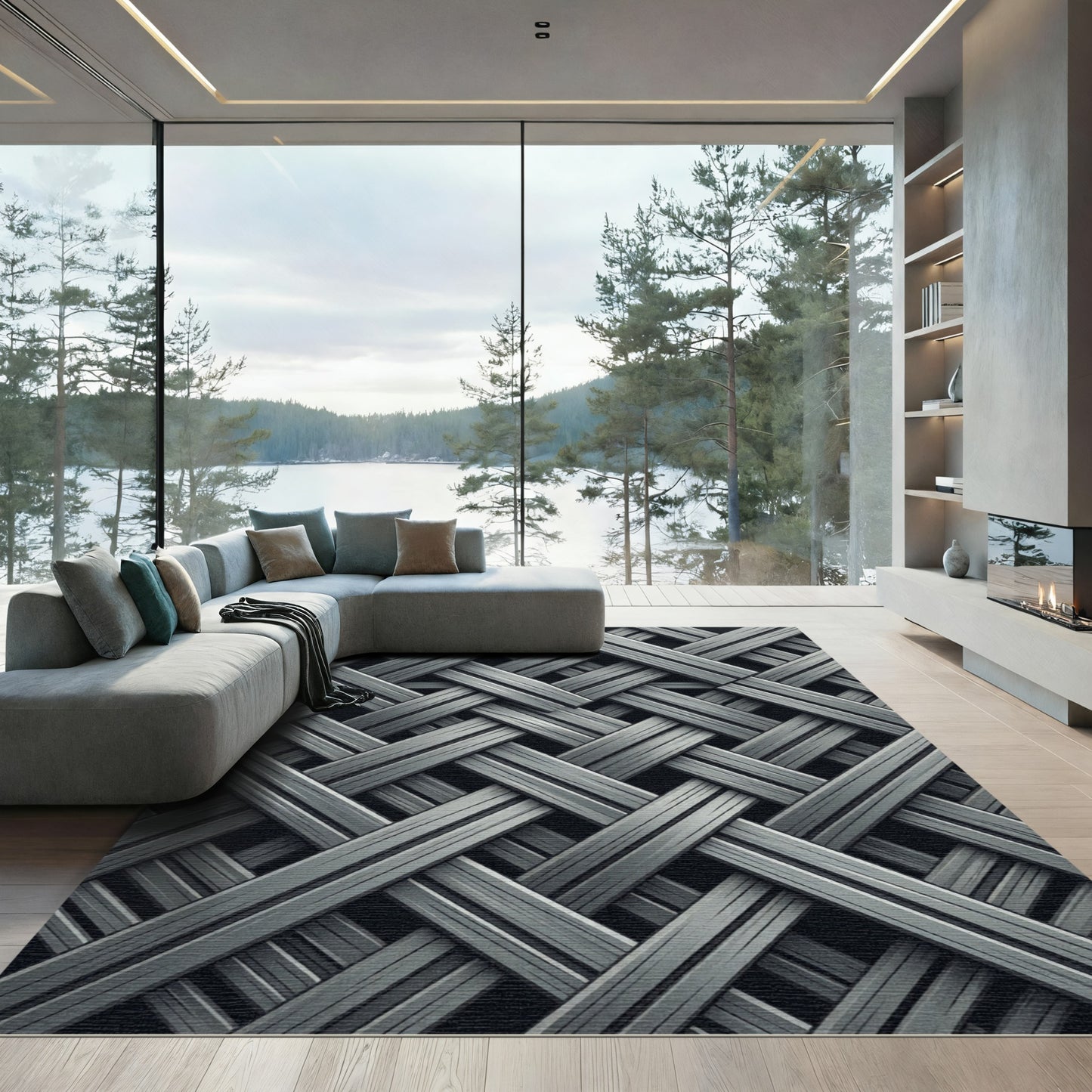 Industrial Silver Interlocking Grid Rug
