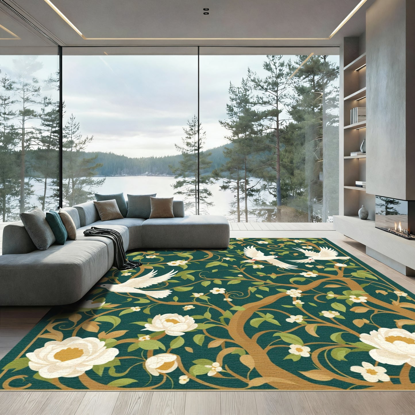 White Doves Floral Art Nouveau Rug