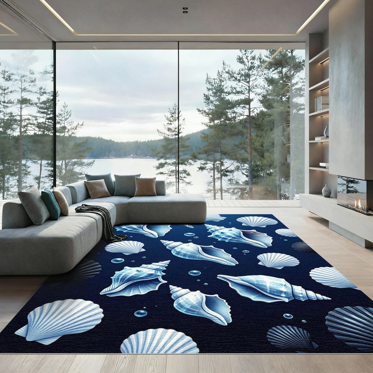 Glassy Seashells Dark Blue Ocean Rug