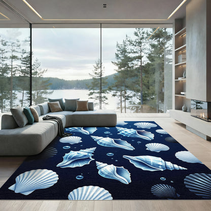 Glassy Seashells Dark Blue Ocean Rug