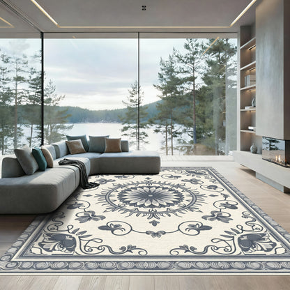 Ivory Navy Floral Medallion Border Rug