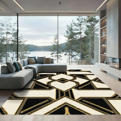 Art Deco Black Cream Geometric Lattice Rug