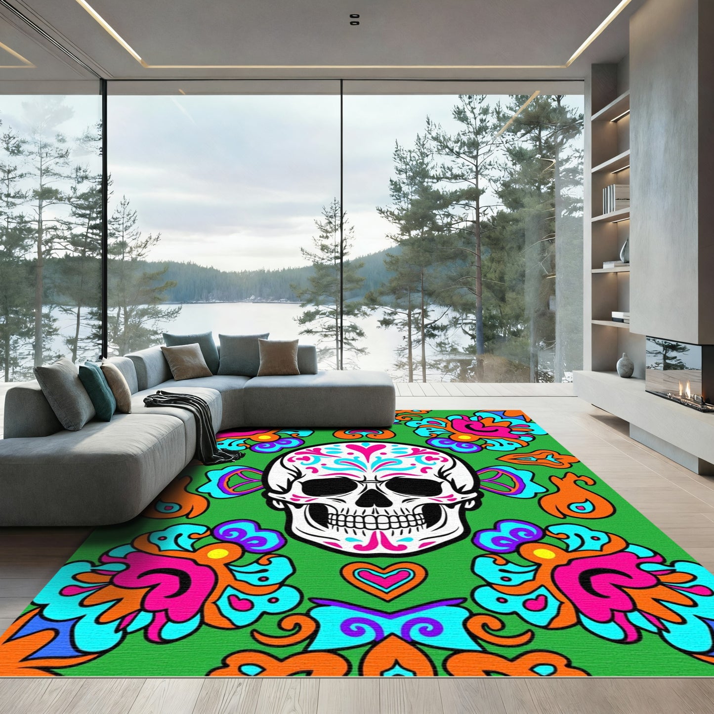 Vibrant Day of the Dead Skull Floral Rug