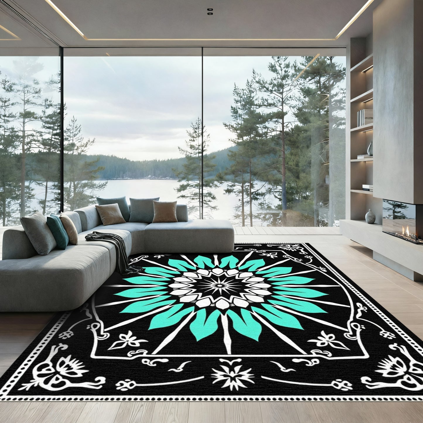 Aqua White Radial Mandala Ornament Rug