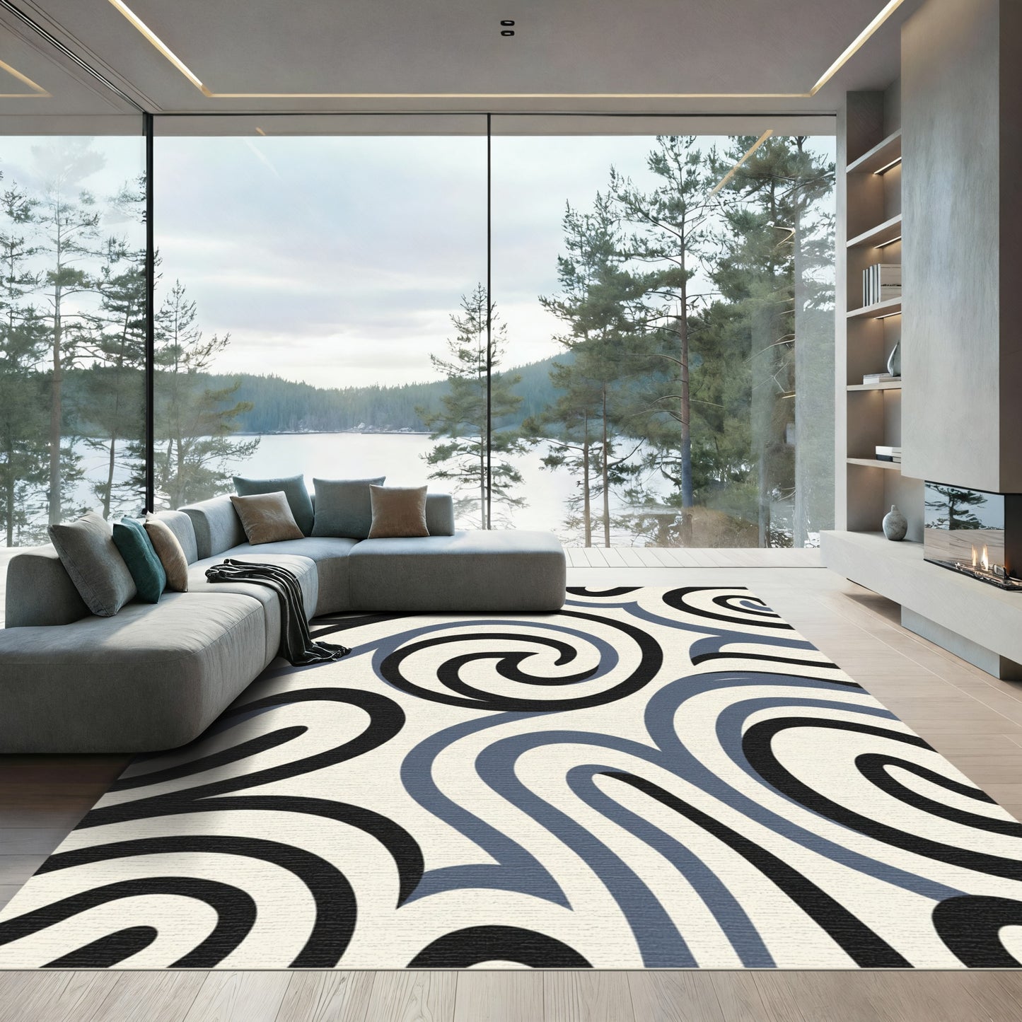 Cream Blue Black Swirling Lines Rug