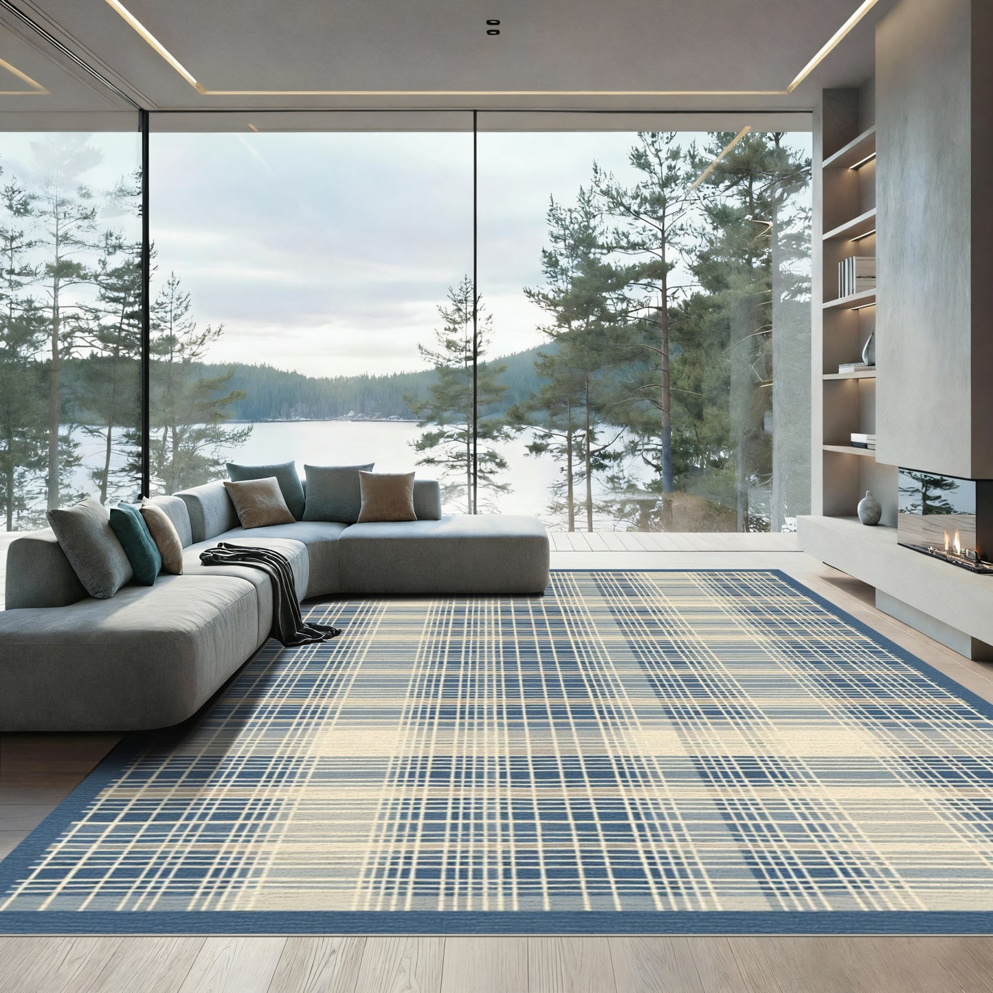 Blue and Beige Plaid Rug