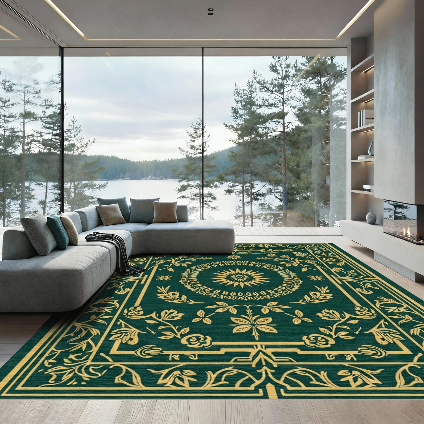 Emerald Gold Ornate Floral Border Rug