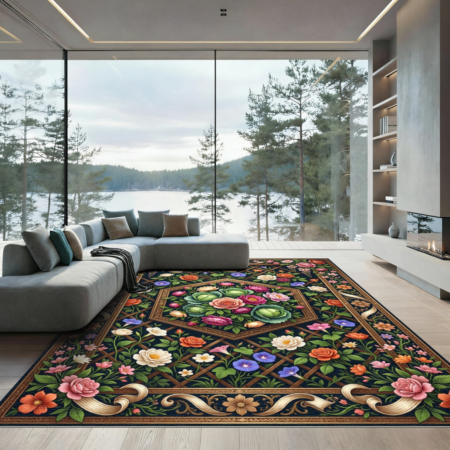 Ornate Floral Garden Lattice Rug