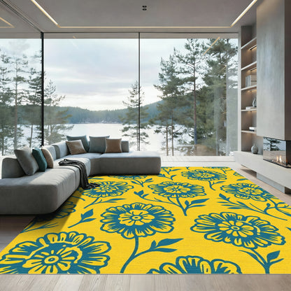 Bold Teal Floral Marigold Yellow Rug