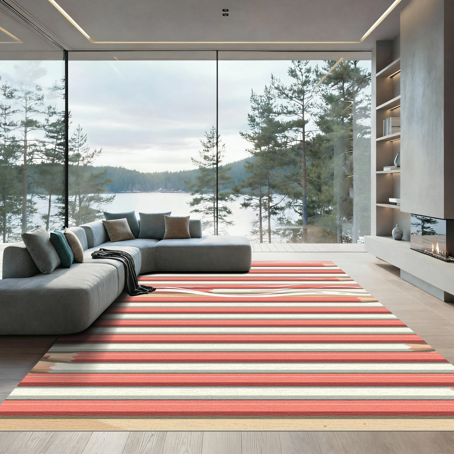 Coral Pink Cream Horizontal Stripes Rug