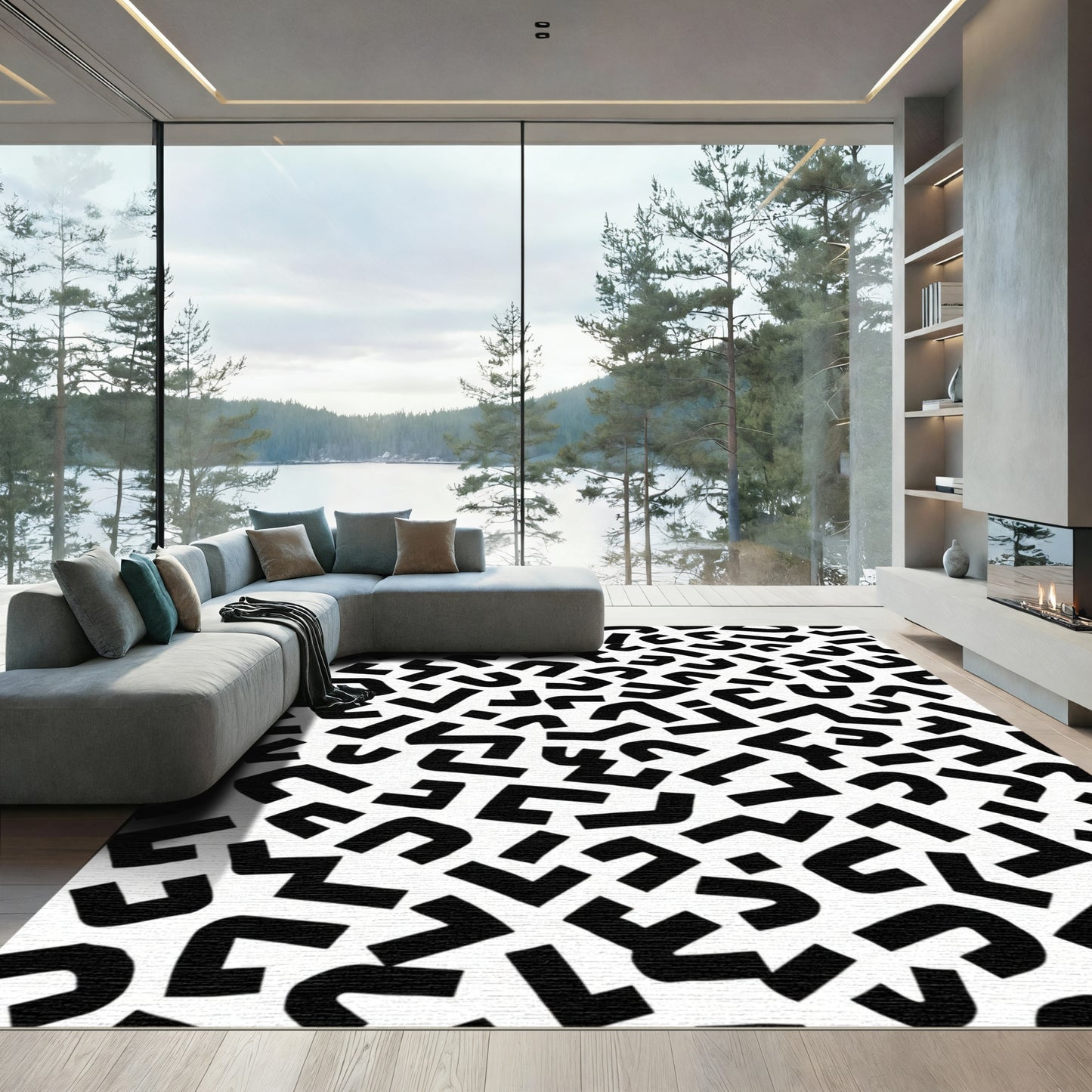 Black White Abstract Geometric Chaos Rug