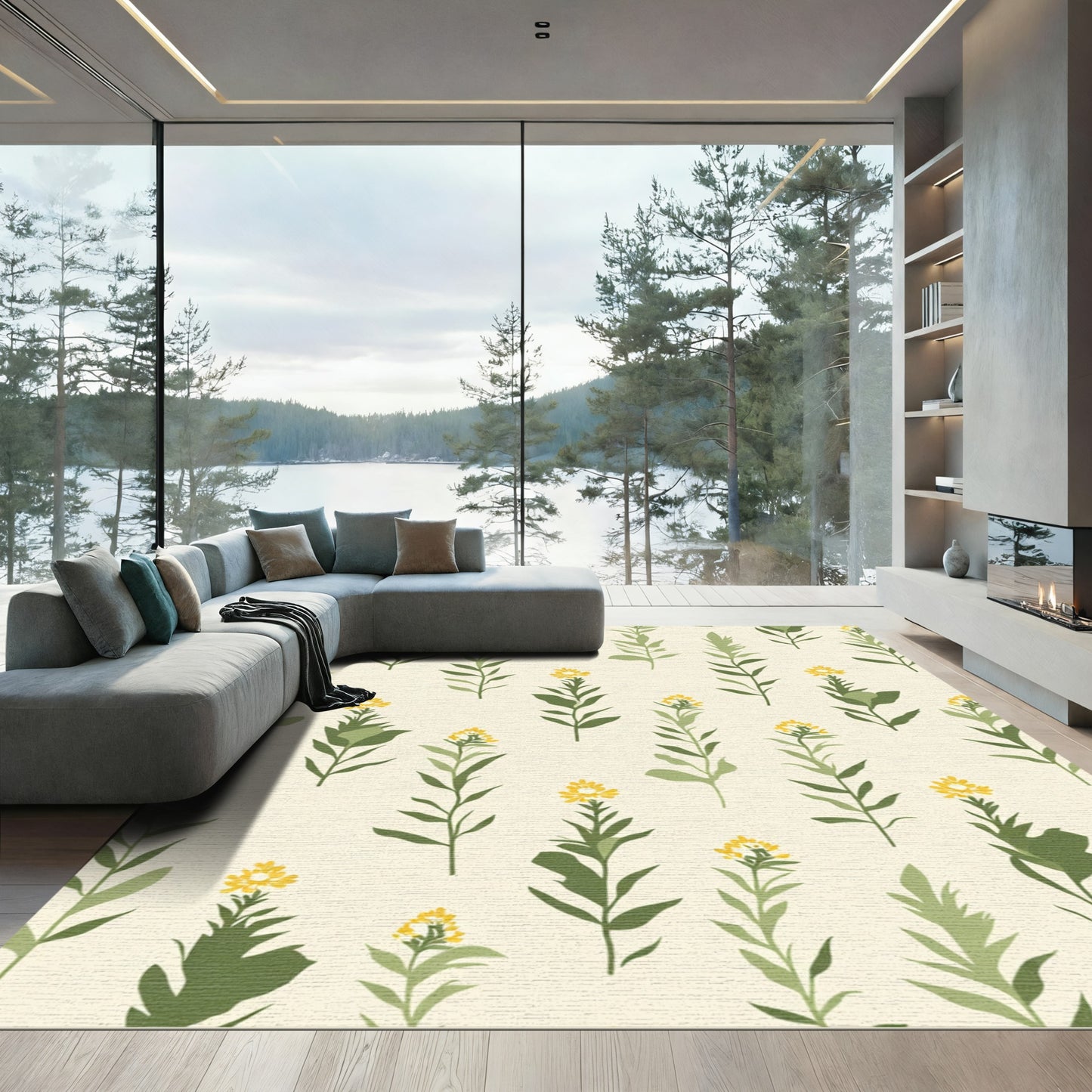 Simple Yellow Flower Sprig Pattern Rug