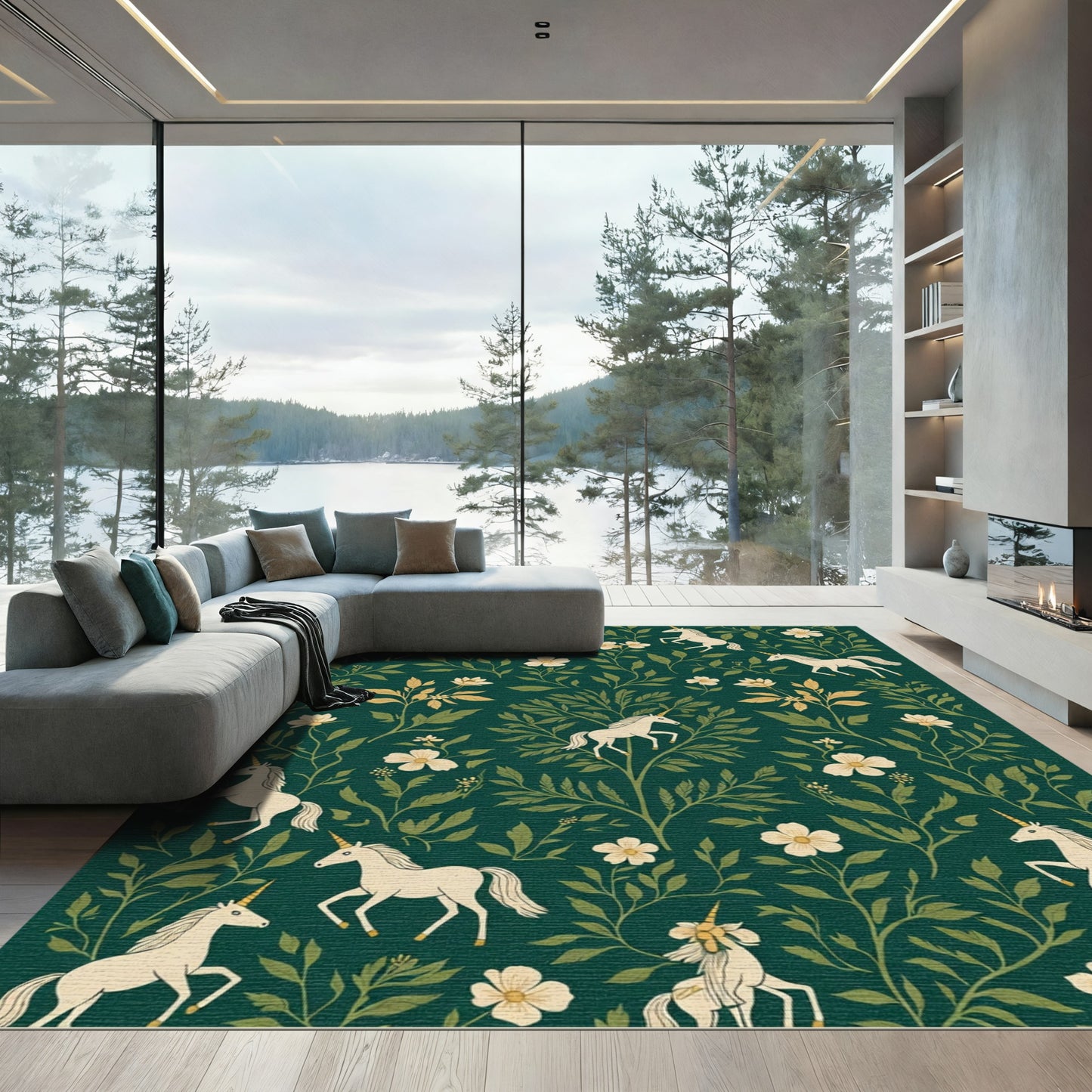 Enchanted Forest Unicorn Floral Arrangement Rug