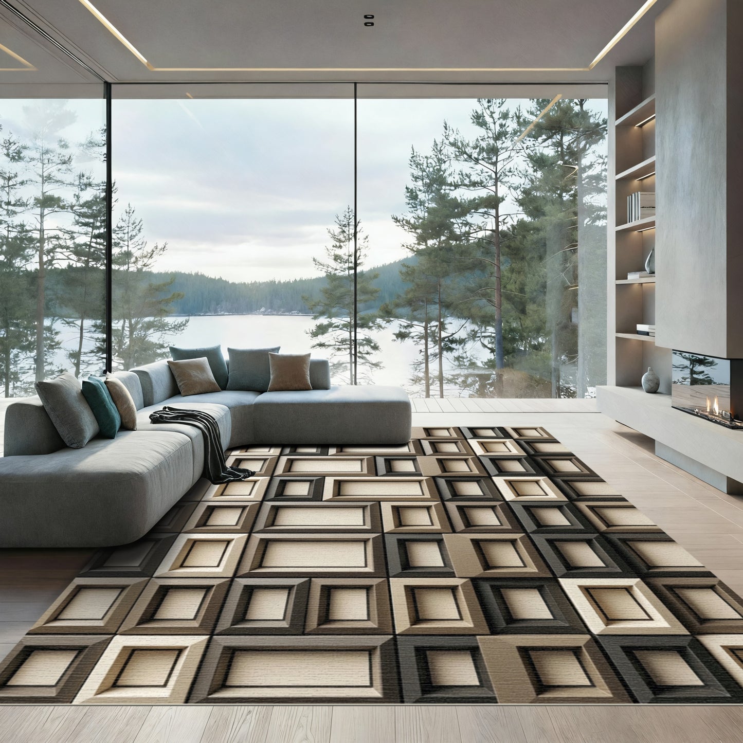 Neutral Toned Geometric Wood Frame Rug