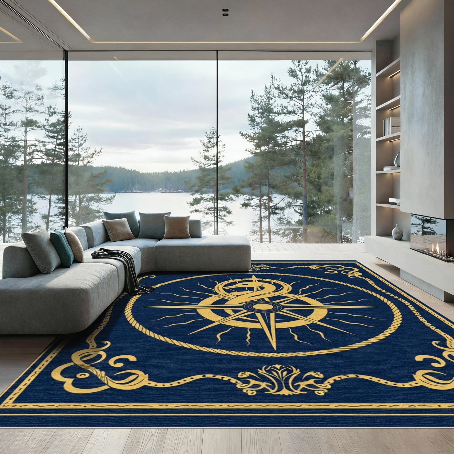 Mystical Gold Serpent Compass Frame Rug