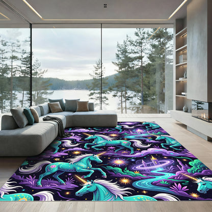Whimsical Teal Unicorn Celestial Castle Rug