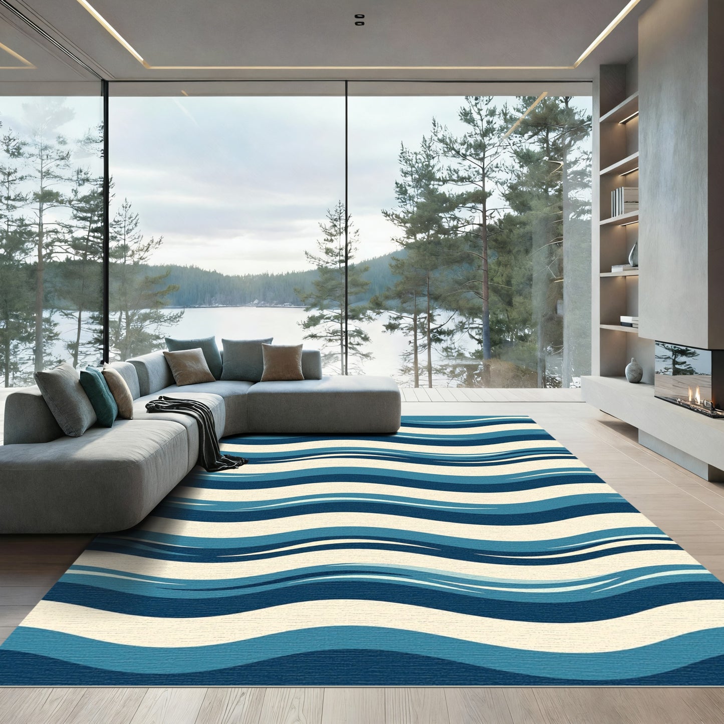 Ocean Blue Wave Stripe Rug