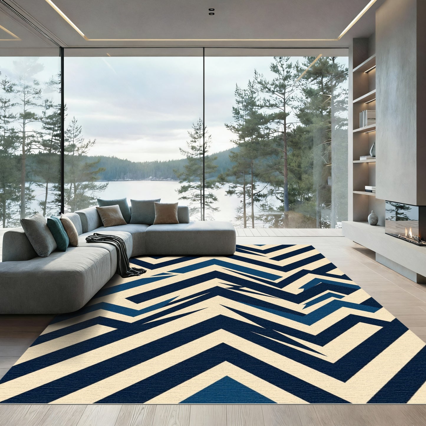 Abstract Navy and Cream Chevron Zigzag Rug