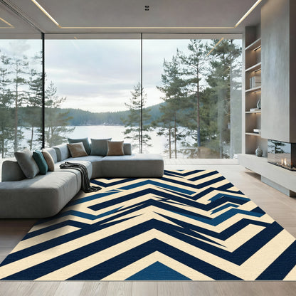 Abstract Navy and Cream Chevron Zigzag Rug