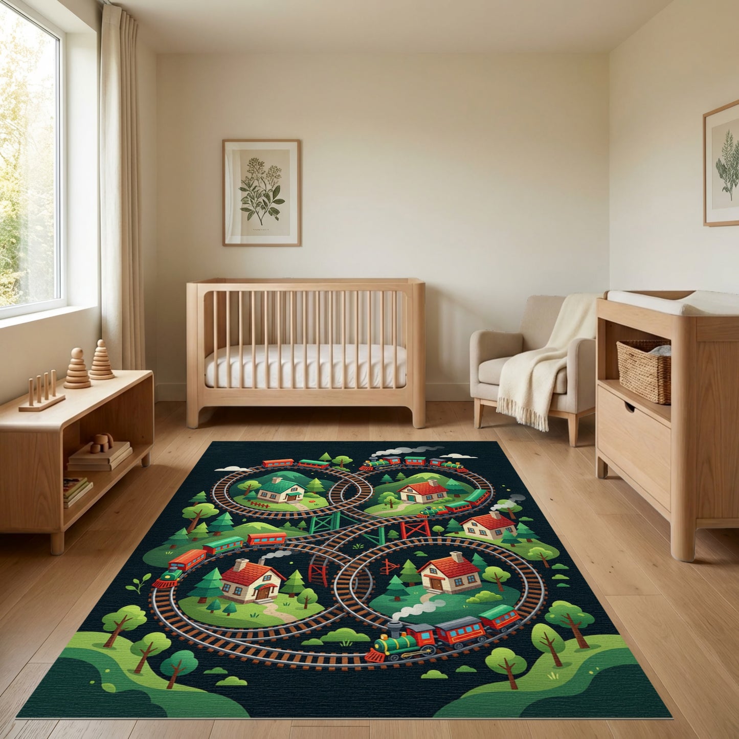 Whimsical Train Loop Village Forest Rug