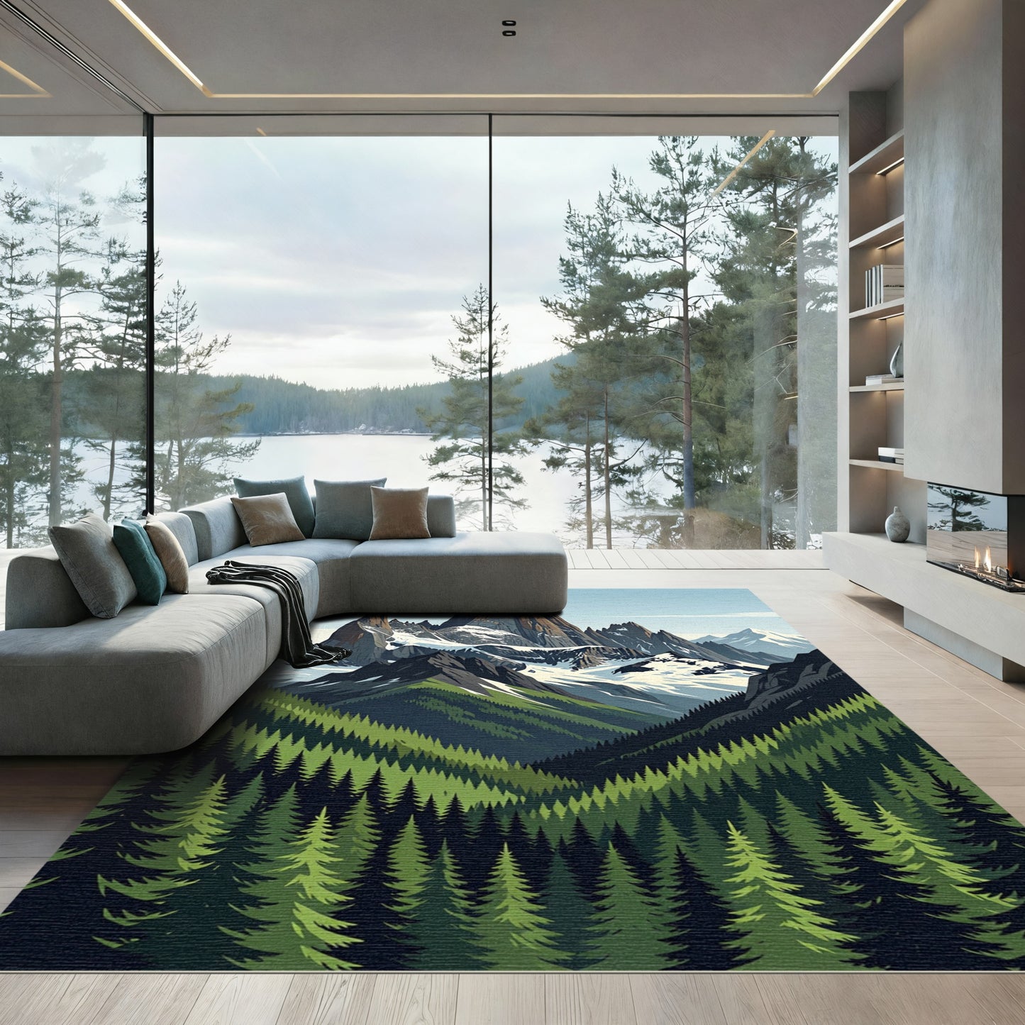 Majestic Snowy Mountain Forest Landscape Rug