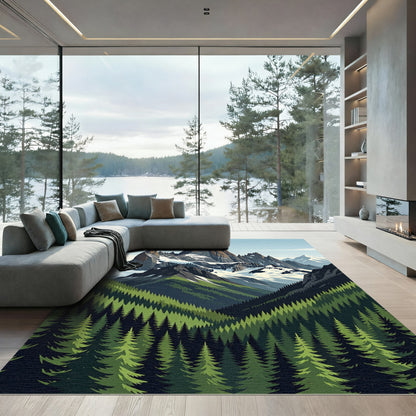 Majestic Snowy Mountain Forest Landscape Rug