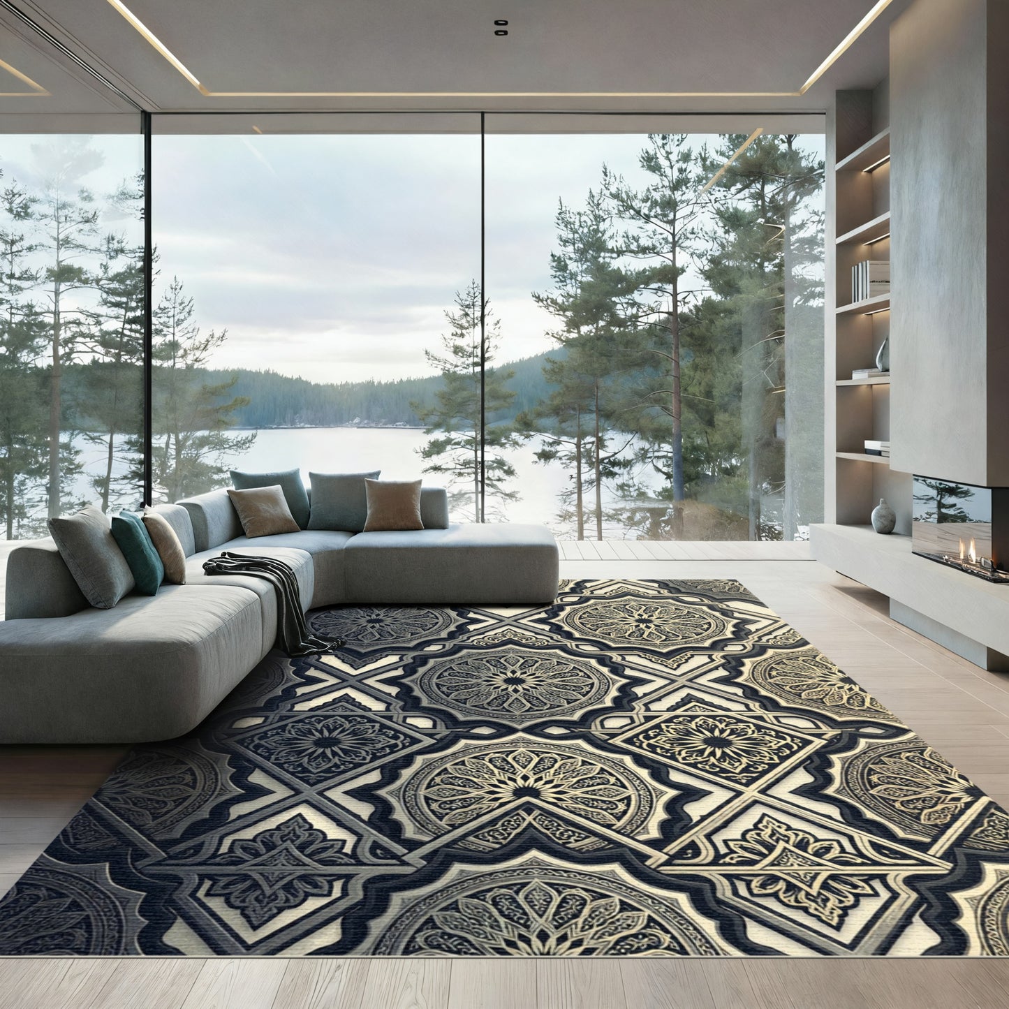Gold and Charcoal Geometric Medallion Rug