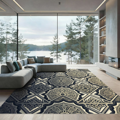 Gold and Charcoal Geometric Medallion Rug