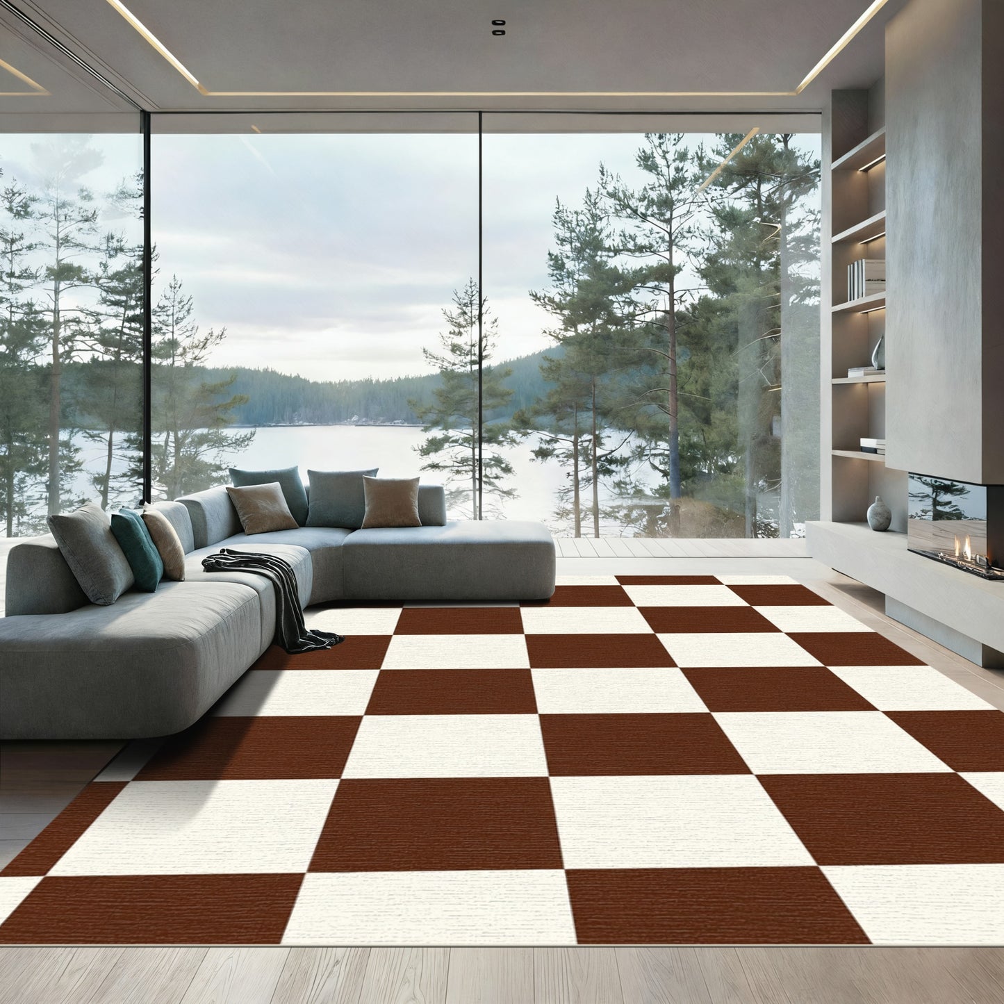 Brown White Checkerboard Squares Rug