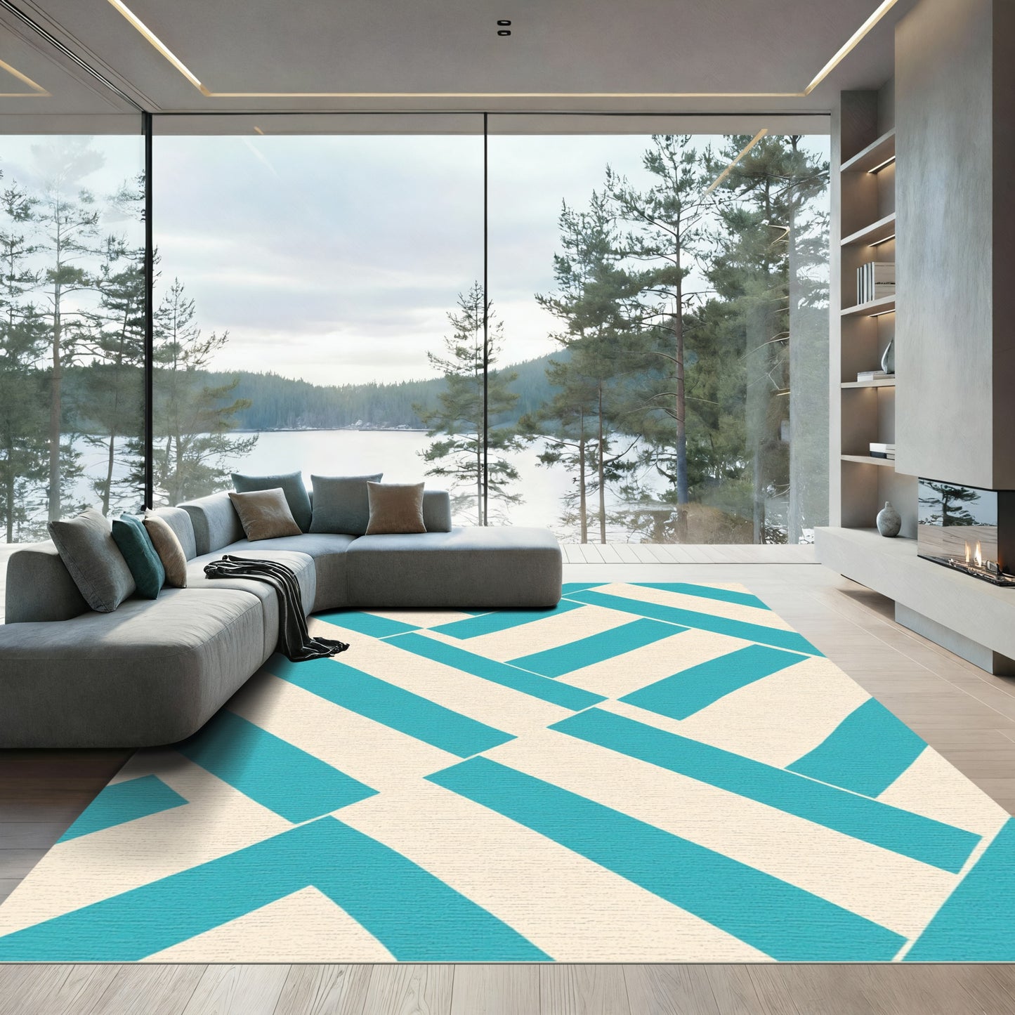 Aqua Beige Intersecting Stripe Rug