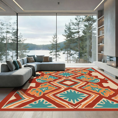 Terracotta Teal Abstract Diamond Medallion Rug