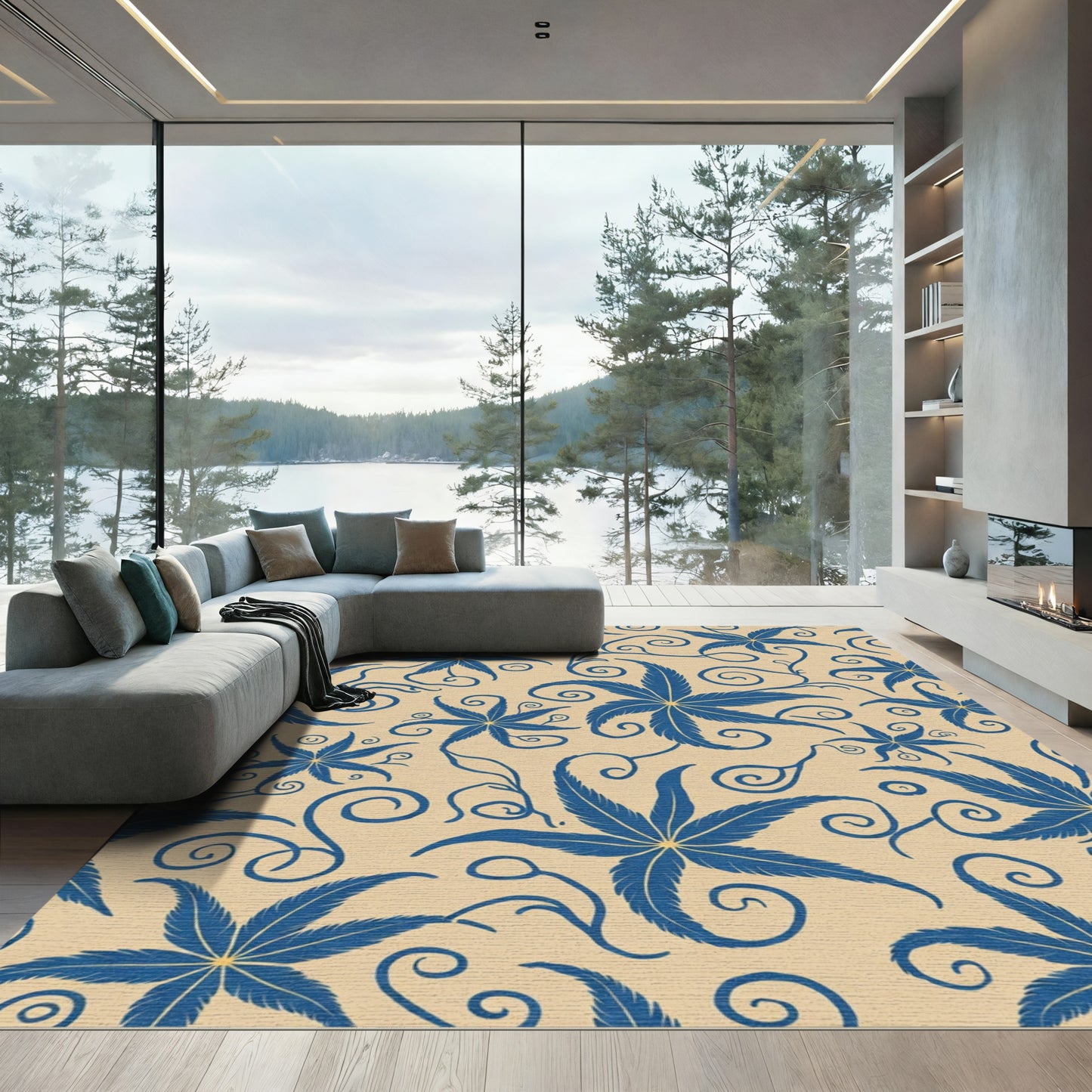 Navy Blue Starburst Floral Swirl Rug