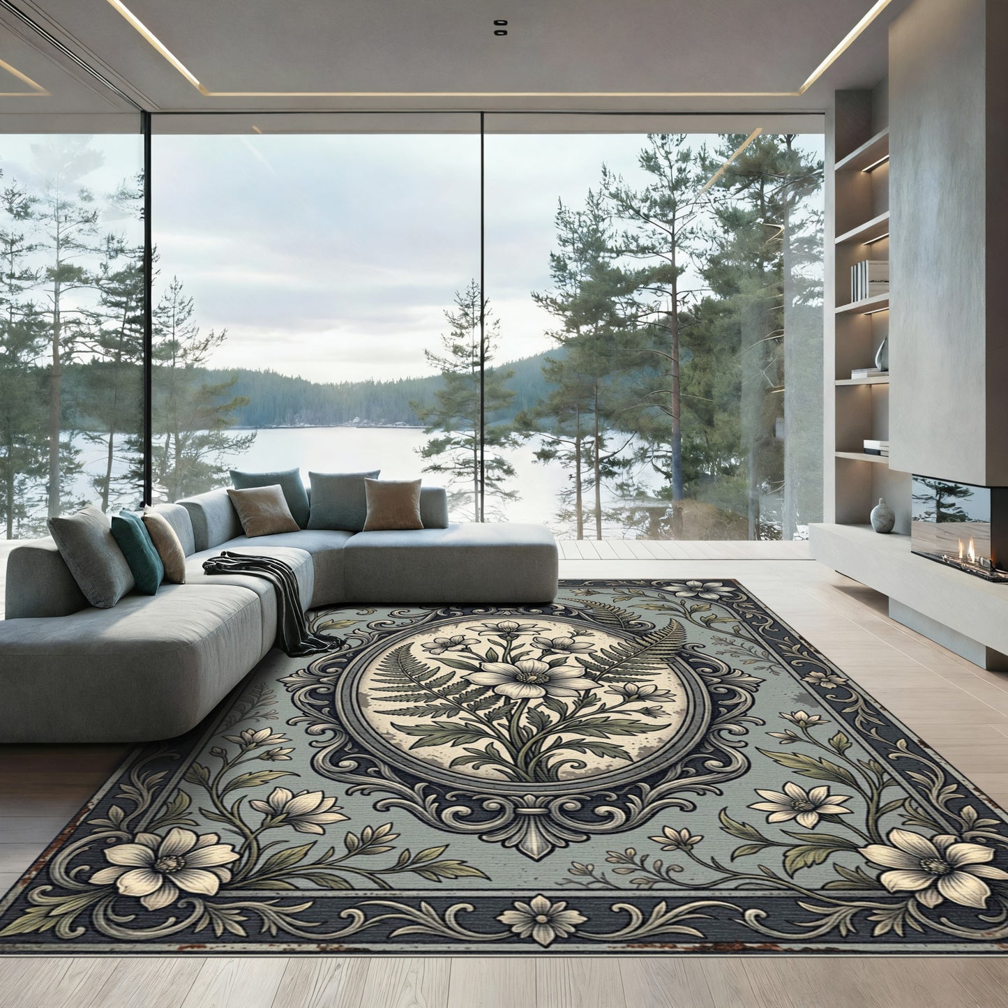 Vintage Sage Floral Oval Botanical Rug