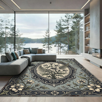 Vintage Sage Floral Oval Botanical Rug
