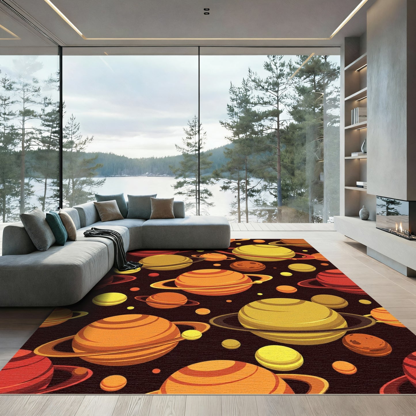 Fiery Orange Solar System Spheres Rug