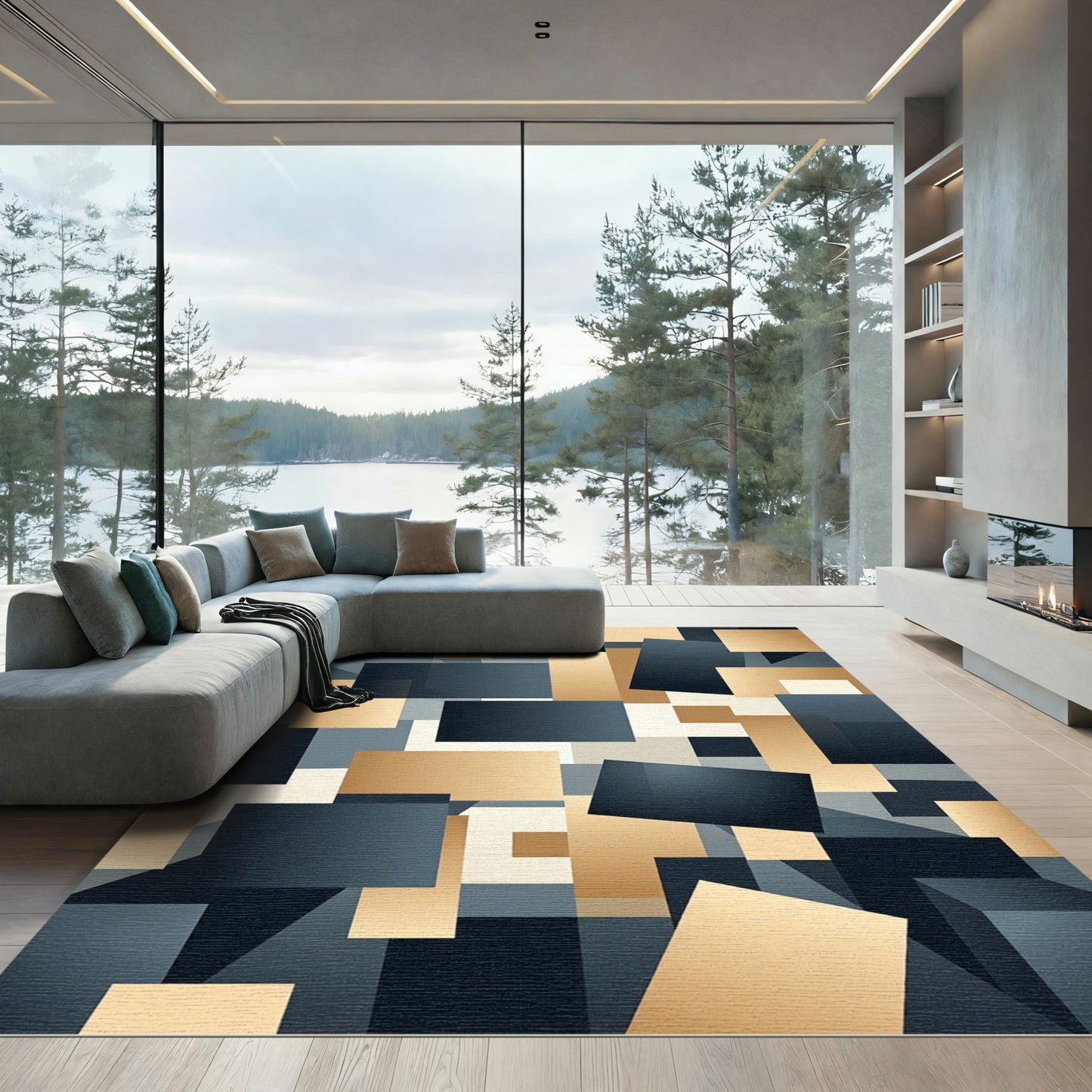 Modern Geometric Gold and Navy Blocks Rug