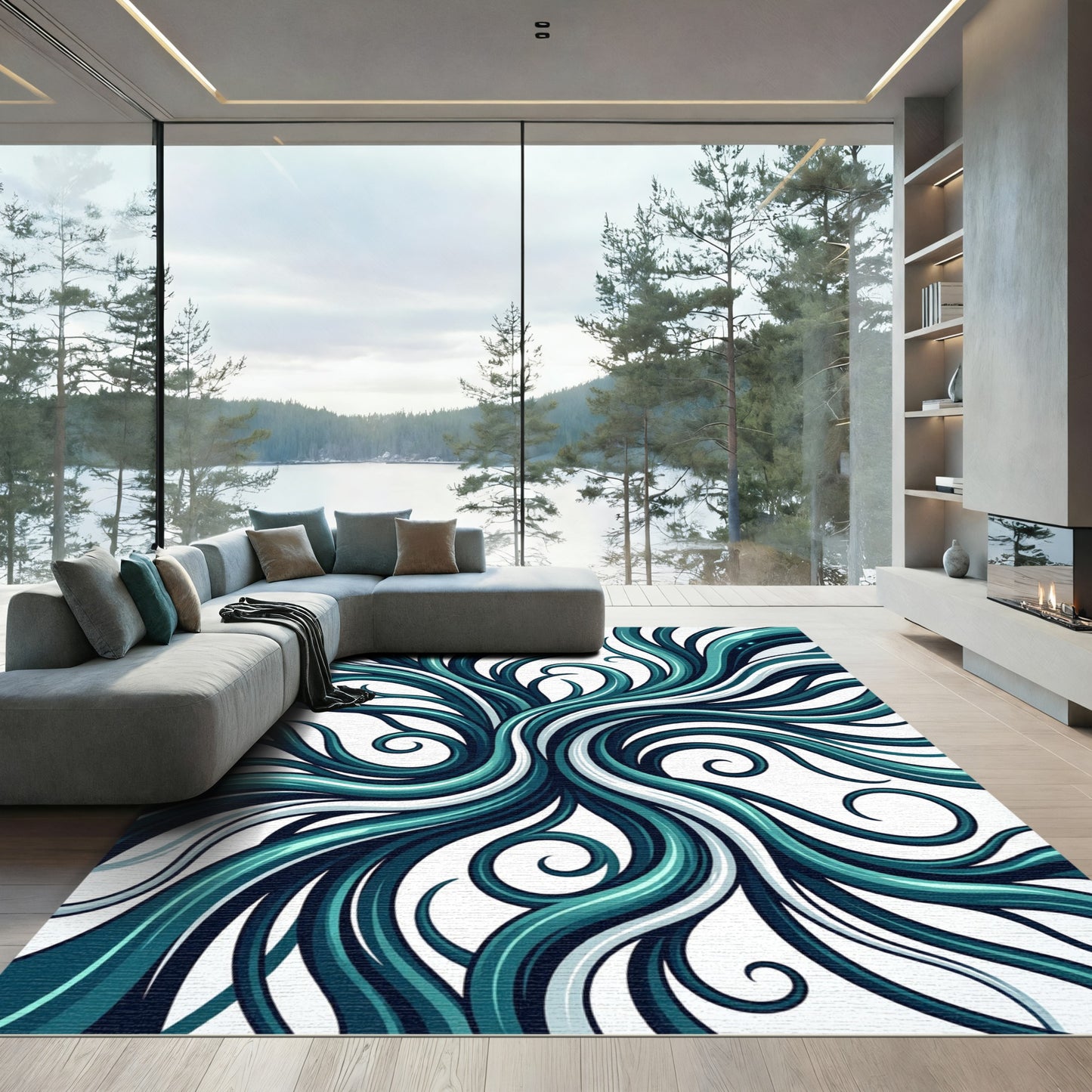 Teal Flowing Abstract Curvilinear Swirl Rug