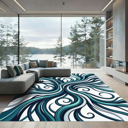 Teal Flowing Abstract Curvilinear Swirl Rug