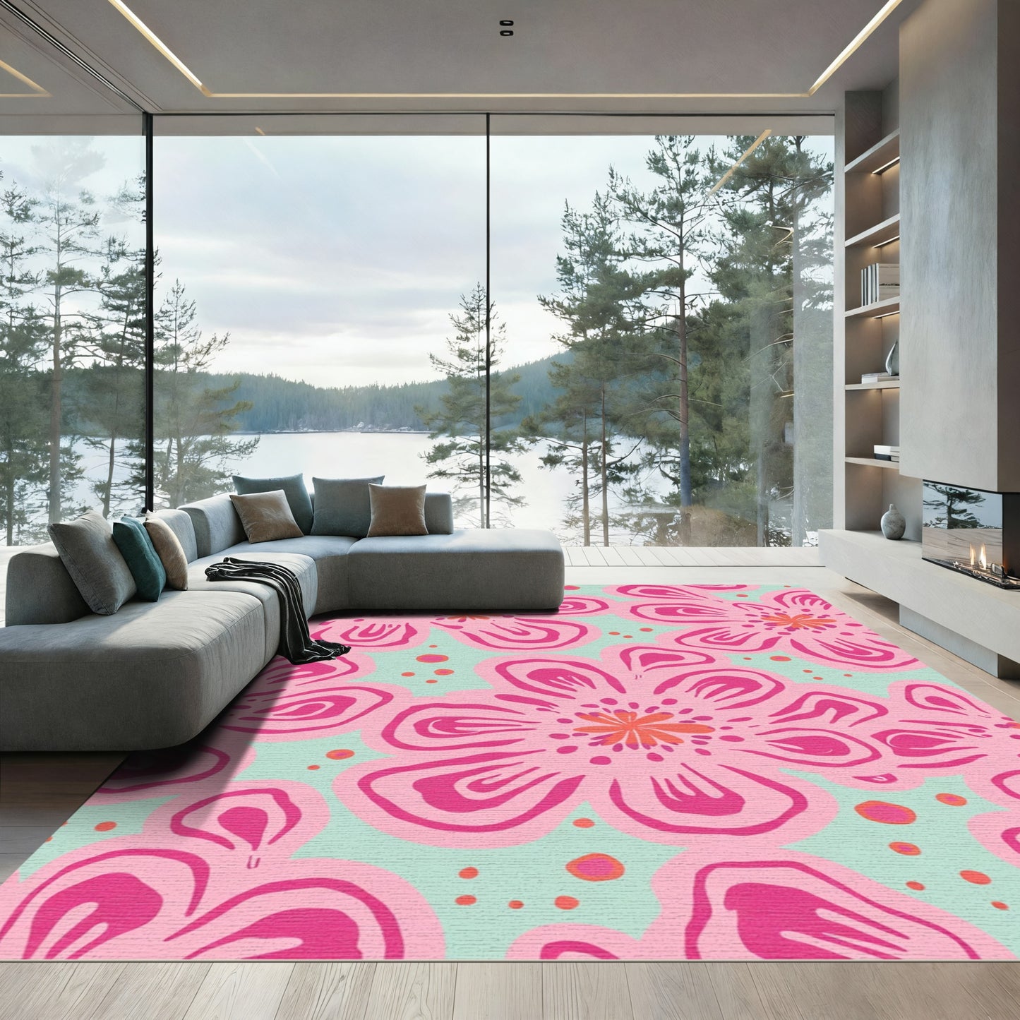 Pink Coral Fuchsia Floral Burst Rug