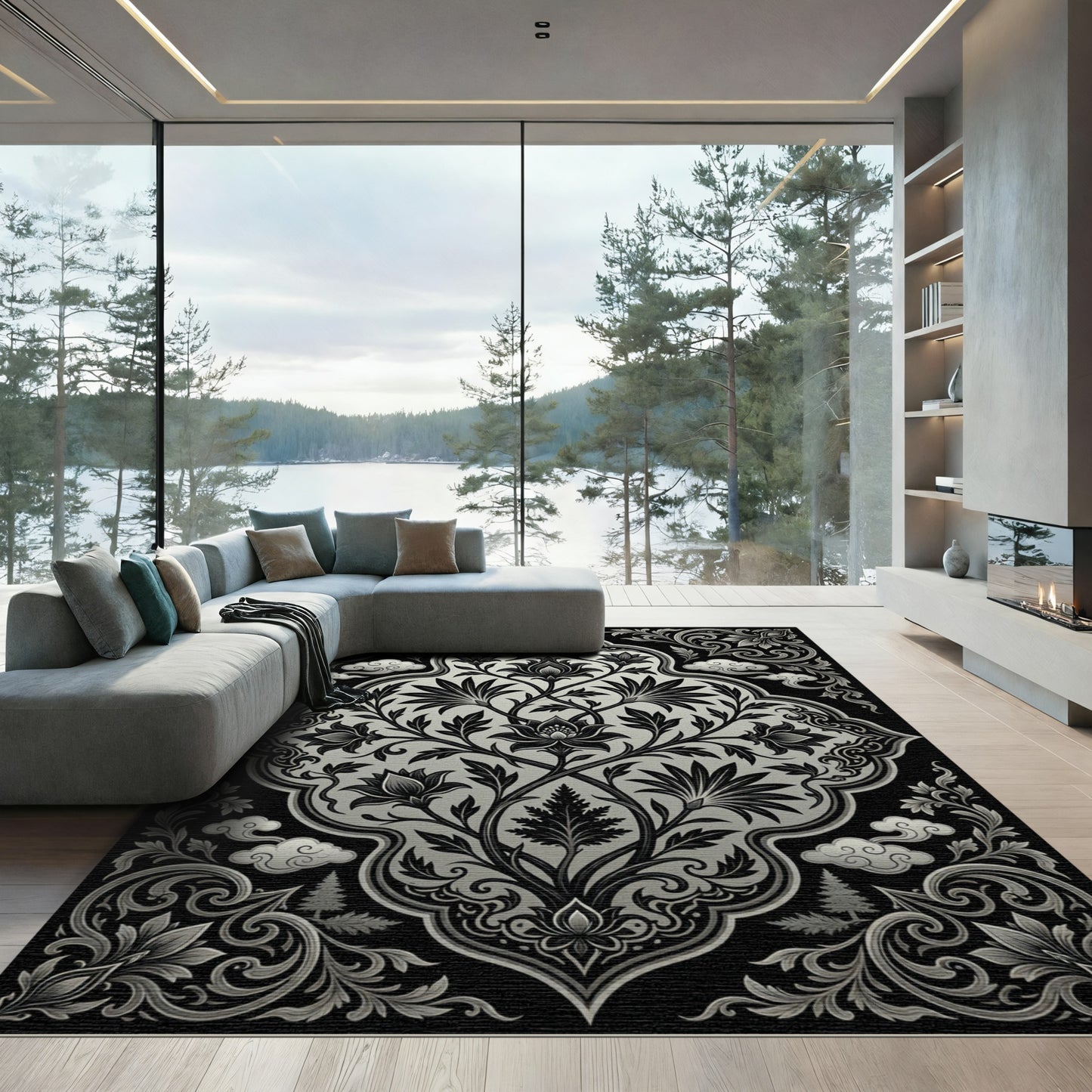 Monochrome Botanical Black Silver Meditation Rug