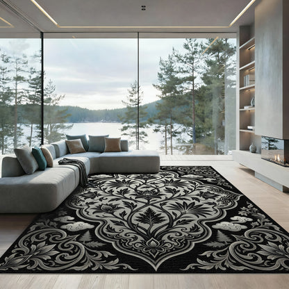 Monochrome Botanical Black Silver Meditation Rug